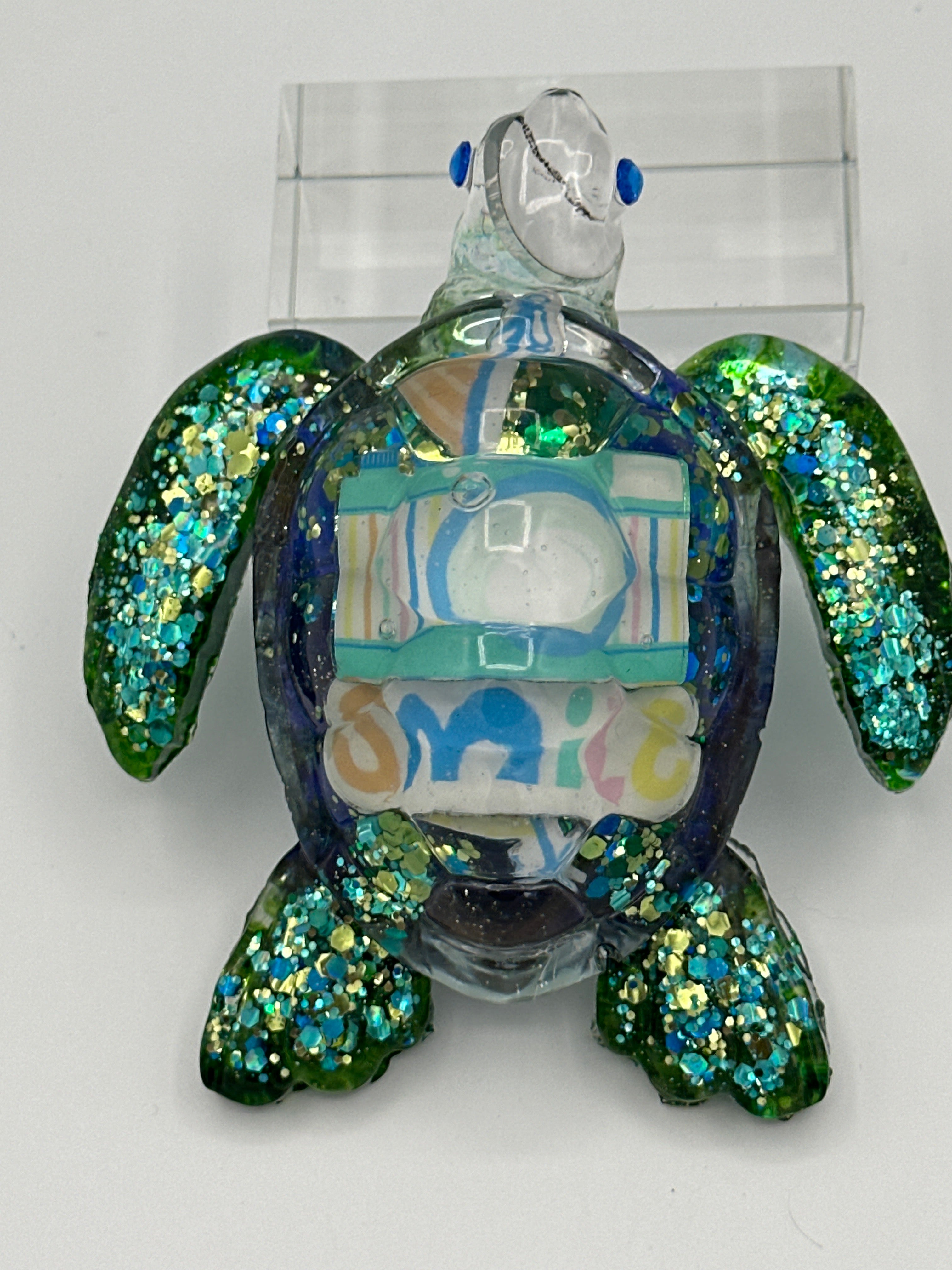 Sea turtle small 5 inches long/color aqua/ glitter /Smile camera/ Seascape/weight 5.9 ounces item 301