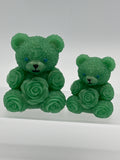 Bears with ribbon roses. Larger green is 3” smaller green is 2.25” Item 142 and Item 147