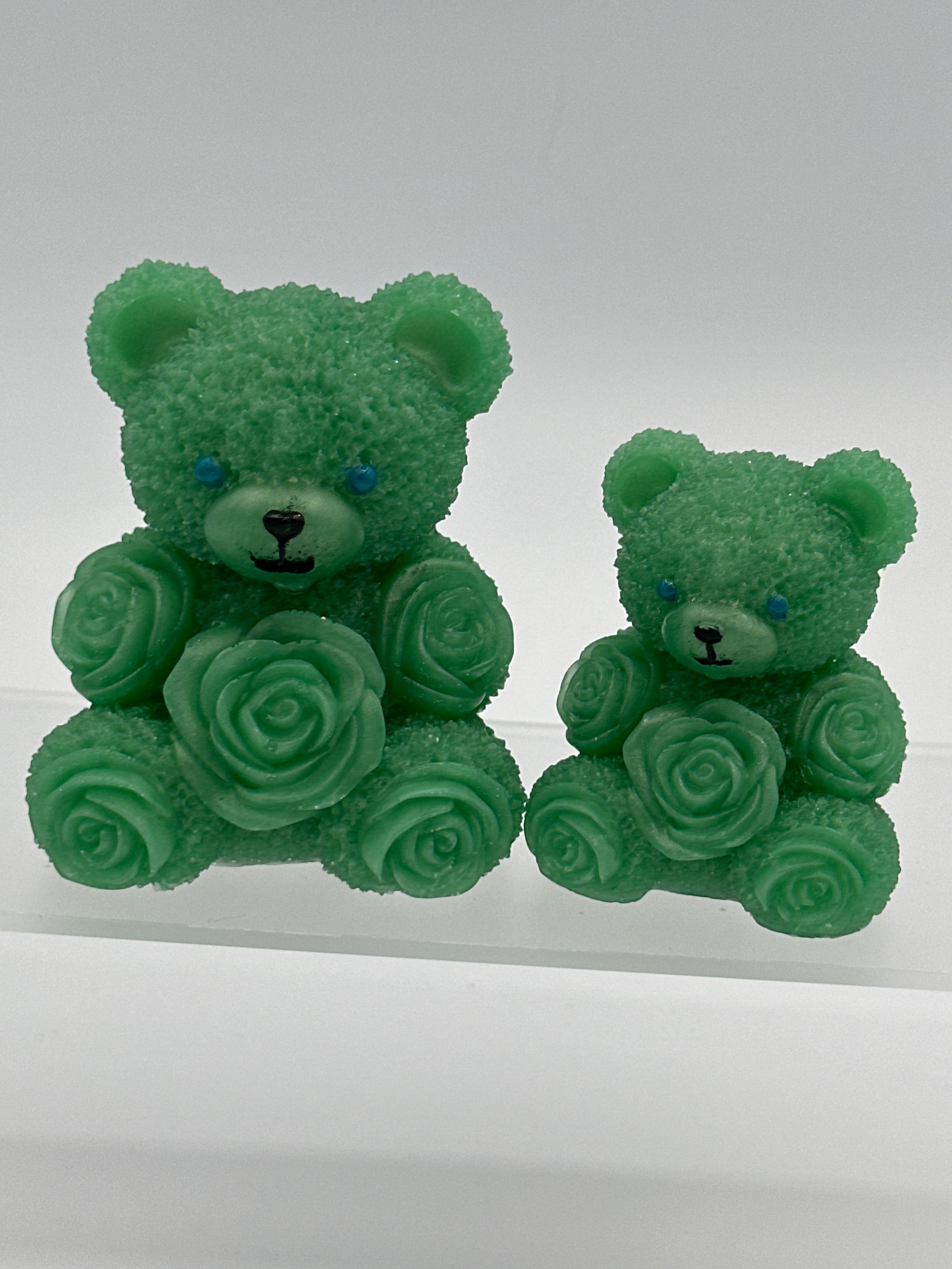 Bears with ribbon roses. Larger green is 3” smaller green is 2.25” Item 142 and Item 147