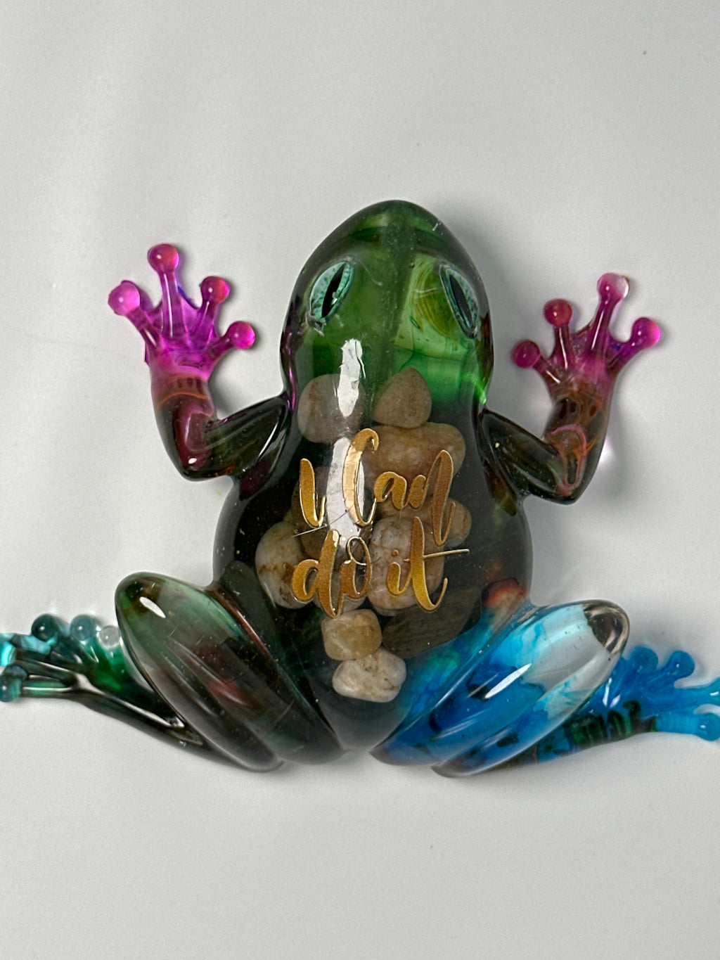 Frog Fancy multi-colored with natural stone. “I can do it“ on back. Glass eyes. Item 59
