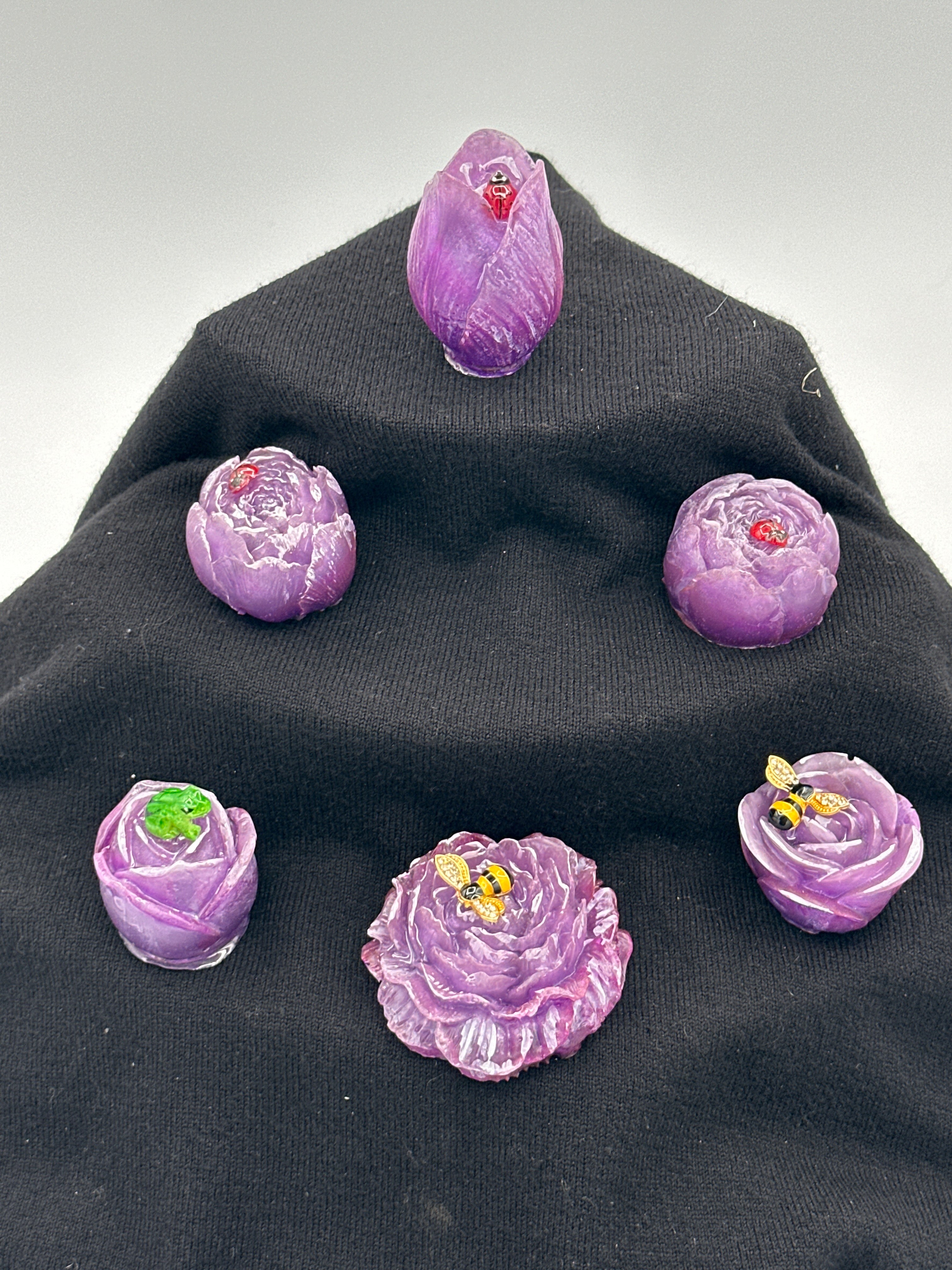 Roses/ purple, white tipped, bumblebees, frog ladybug/item one