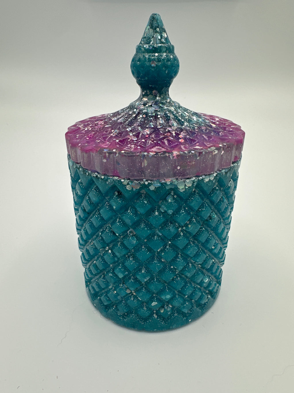 Container with lid 6 inch tall/aquamarine and purple with gold fleck. Weight is 8.7 ounces/item number 82.