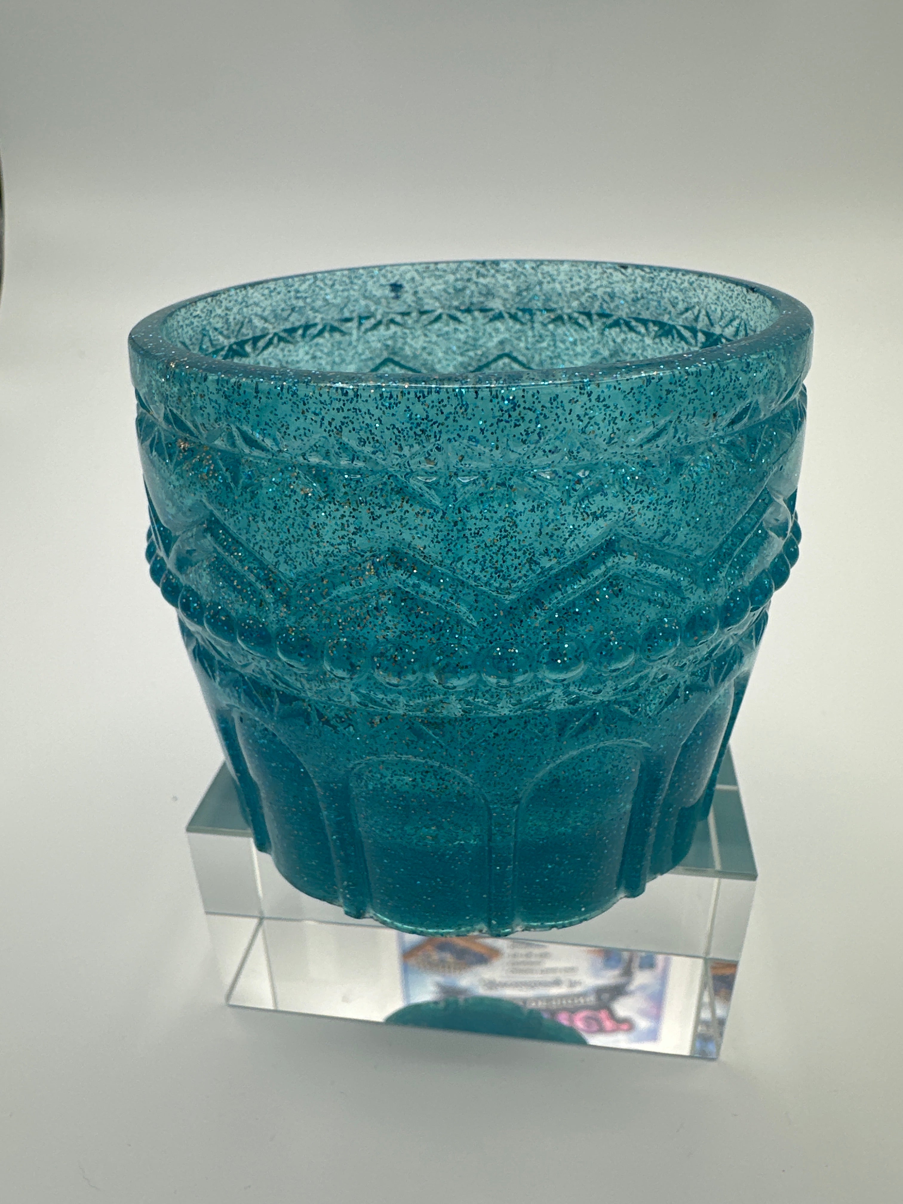 Small decorative cup / Aqua/ blue / gitter/weighs 4.2 ounces /item 84