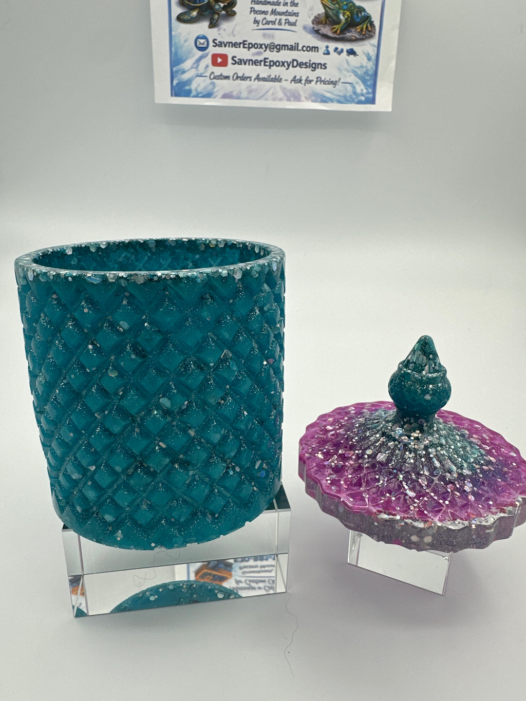 Container with lid 6 inch tall/aquamarine and purple with gold fleck. Weight is 8.7 ounces/item number 82.