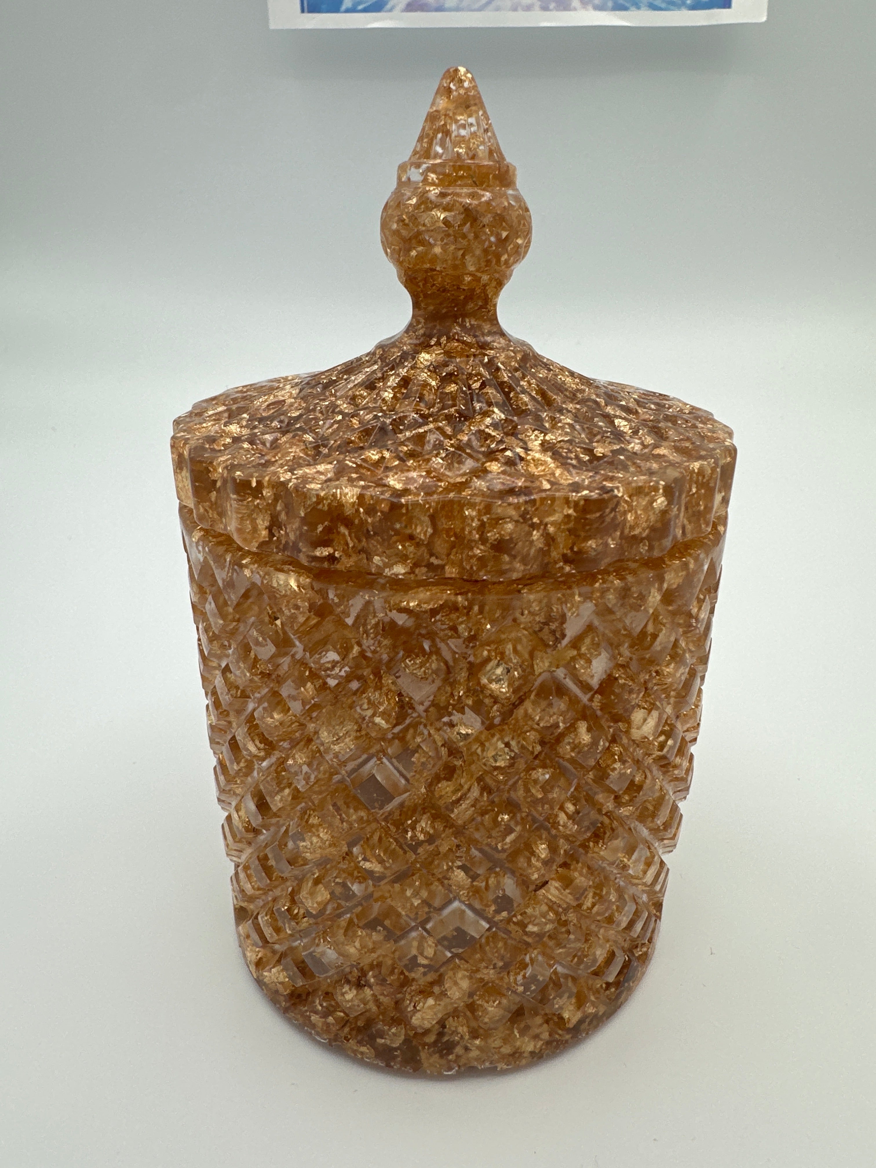Container with lid 6 inches tall/ gold fleck / weight 8.9 ounces/item number 71