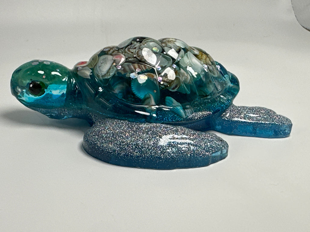 Sea Turtle 5 inch blue blue / sea shell / glitter / fish head. Item 10.