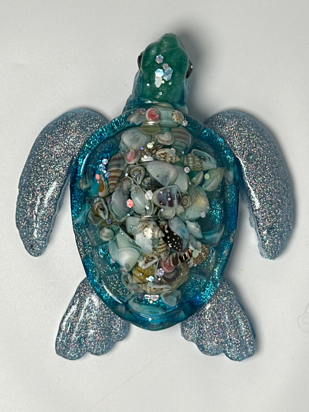 Sea Turtle 5 inch blue blue / sea shell / glitter / fish head. Item 10.