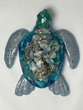 Sea Turtle 5 inch blue blue / sea shell / glitter / fish head. Item 10.