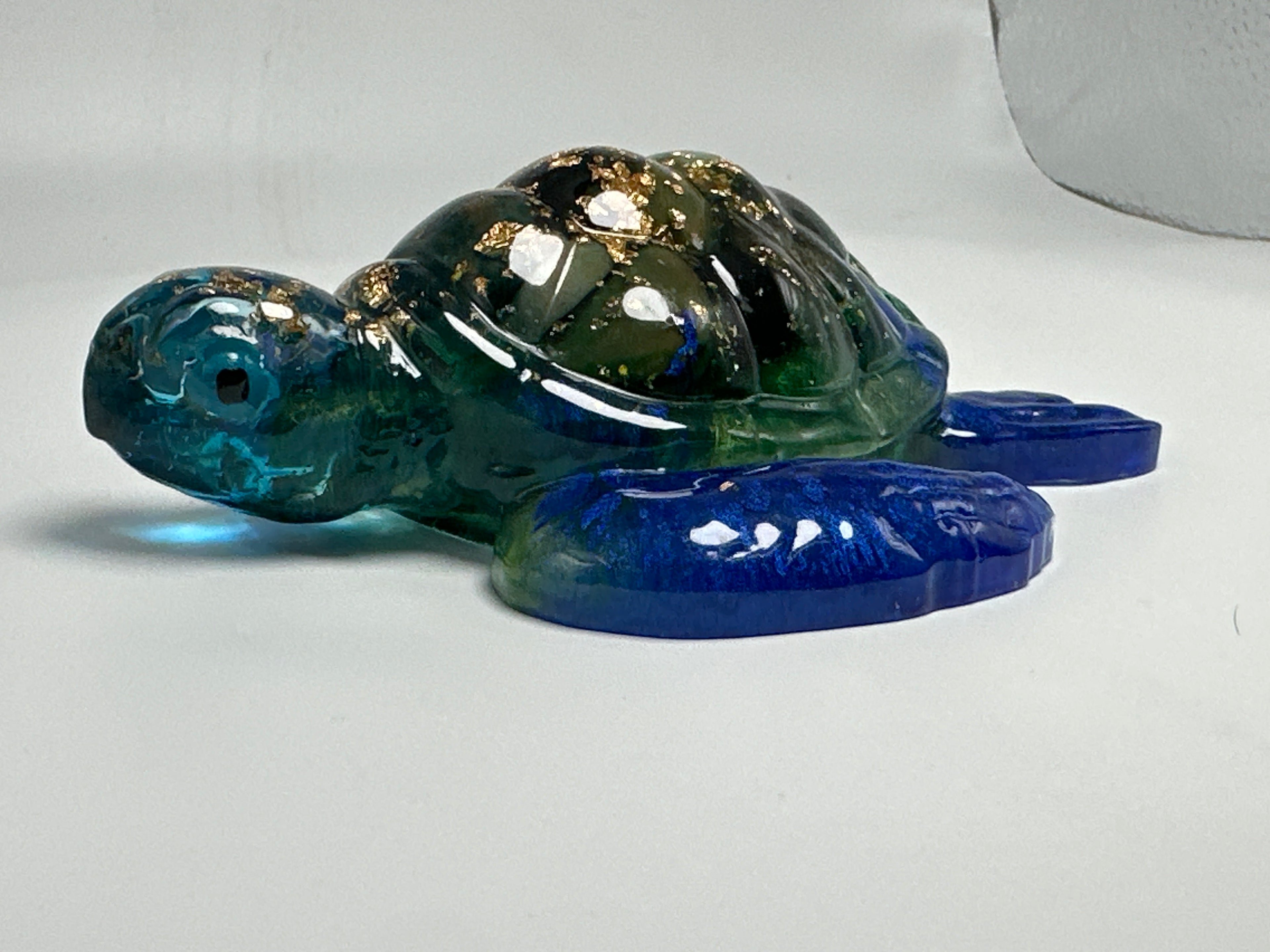 Sea Turtle 5 inch Blue /gold fleck/ white Created from epoxy. Turtle has painted eyes Item 14
