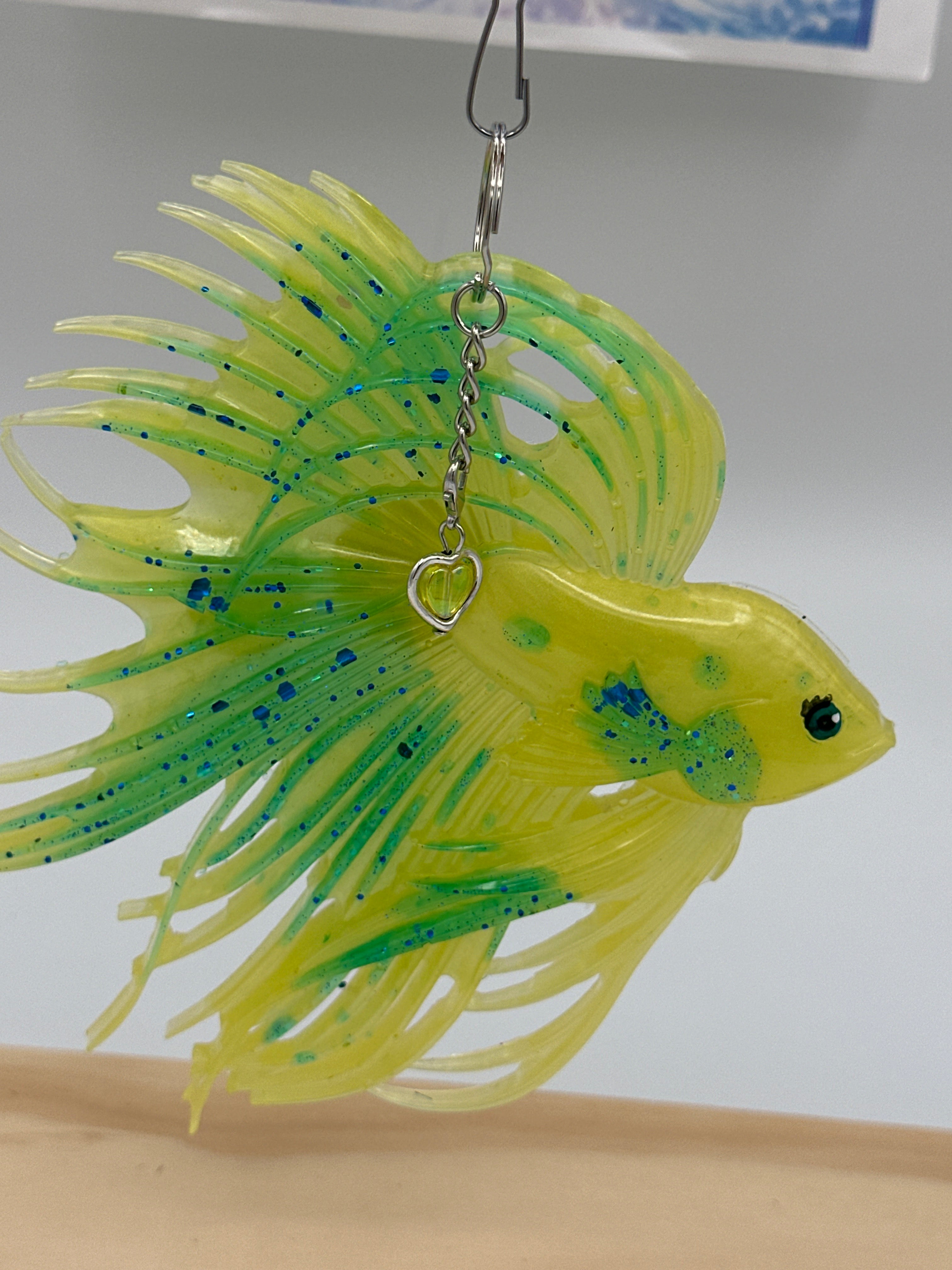 Beta fish mobile/6 inch /yellow and green/blue glitter/heart charm/item number 247