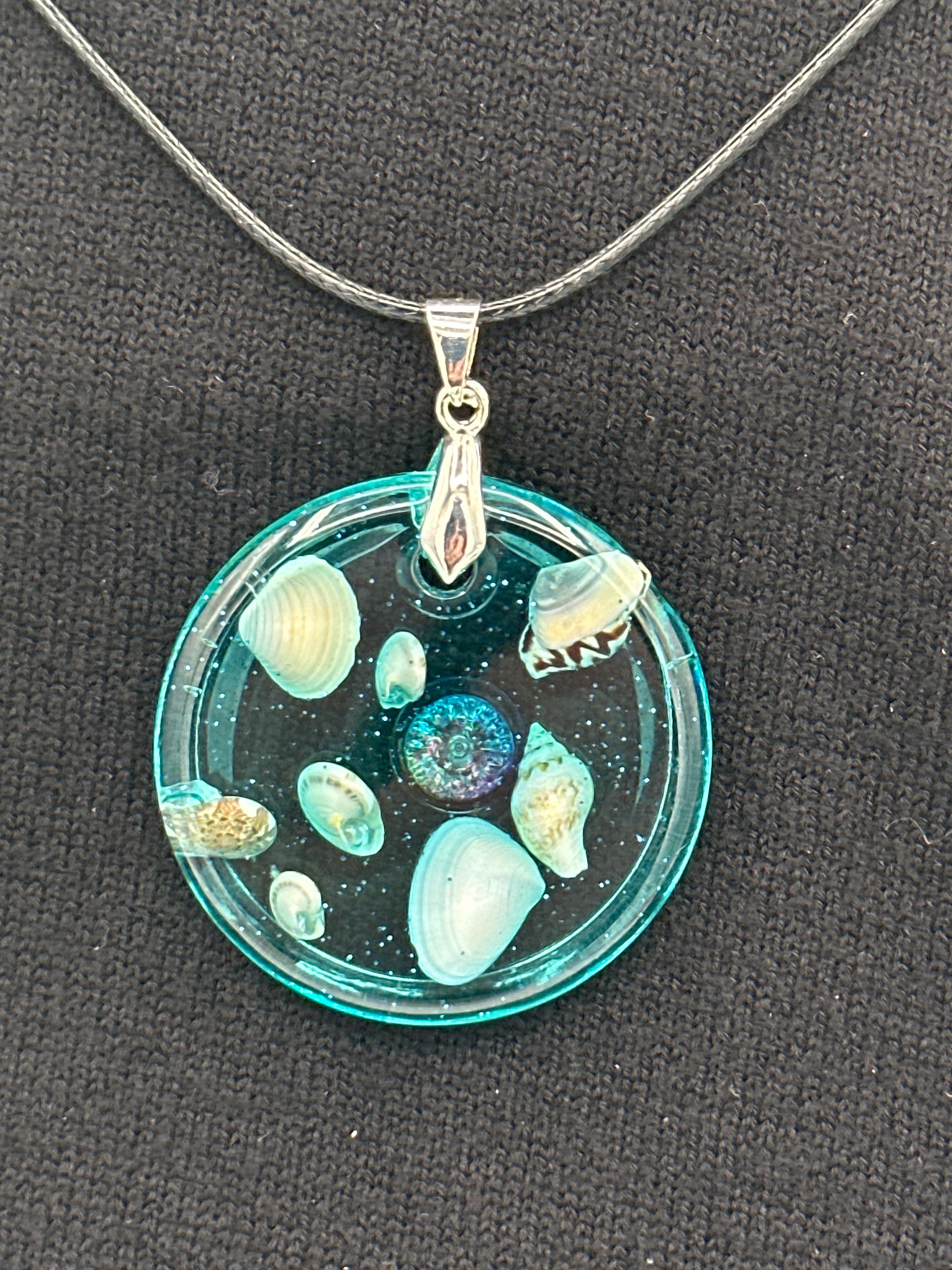 Pendant / 1.5 inch /teal glitter/seashell iridescent pearl / item 4