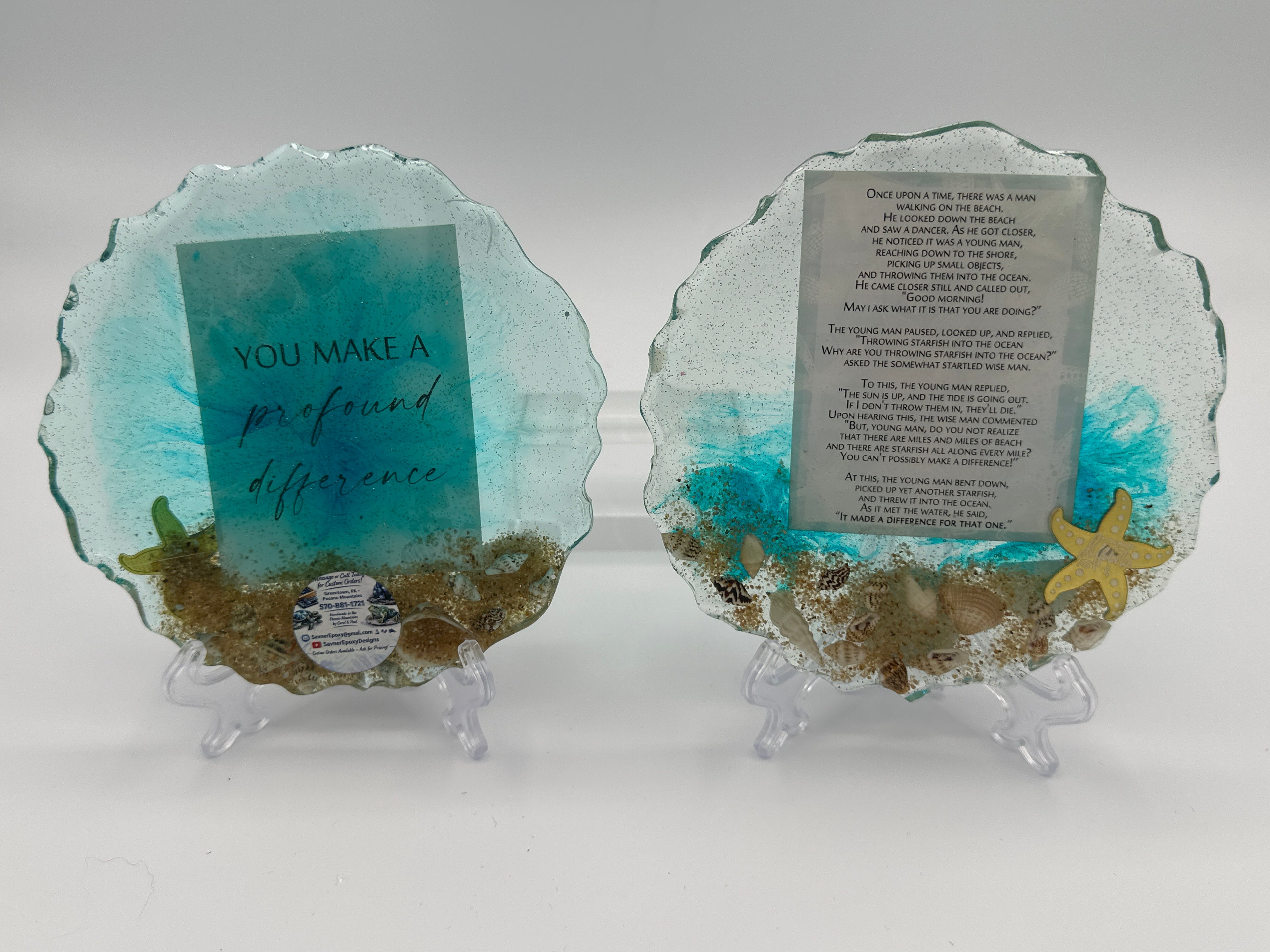 Coasters set of 2/front saying you make a profound difference/back poem with starfish/item 319