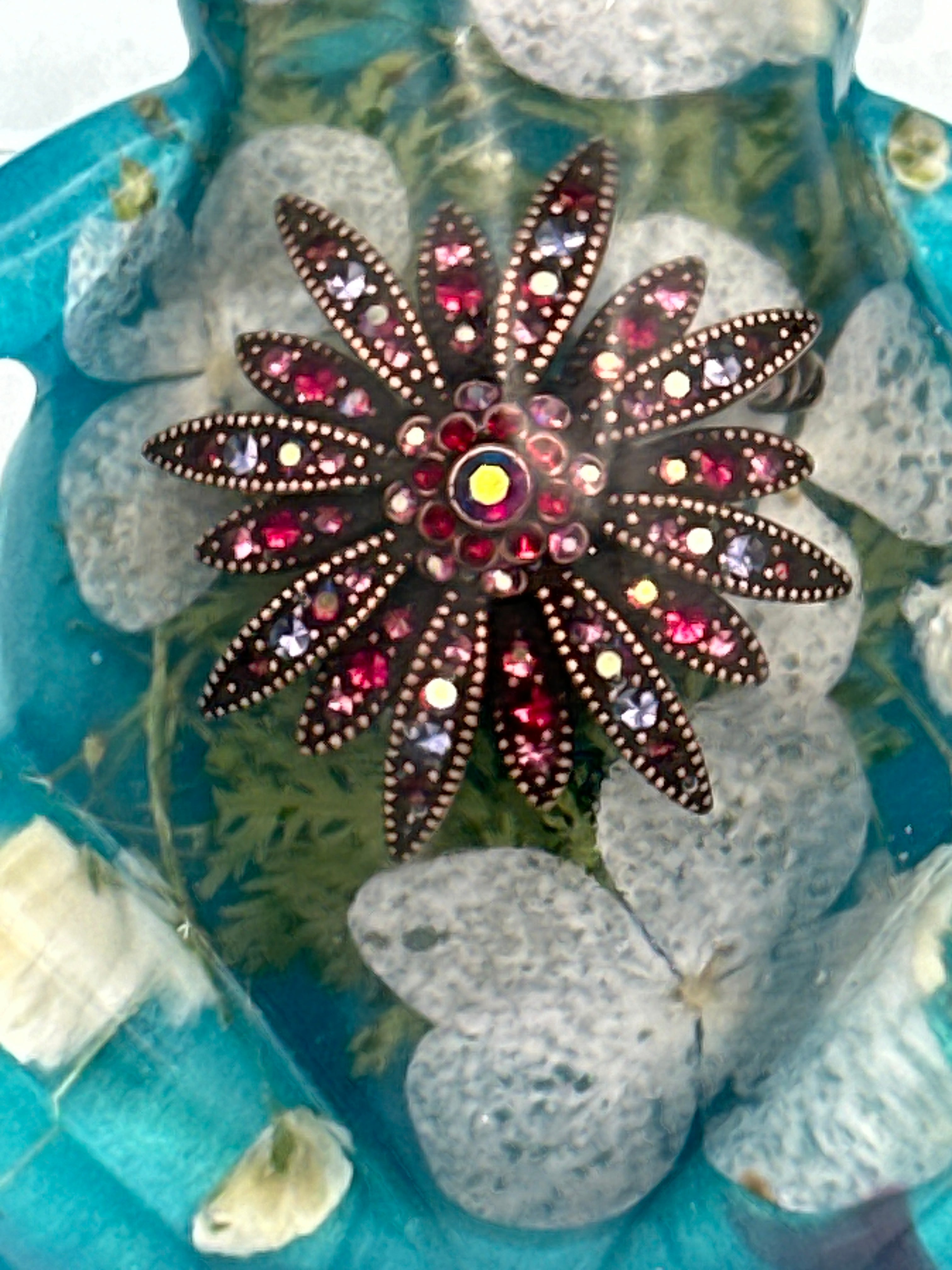 Frog Fancy/teal blue/floral/red brooch/diamond eyes/item 350