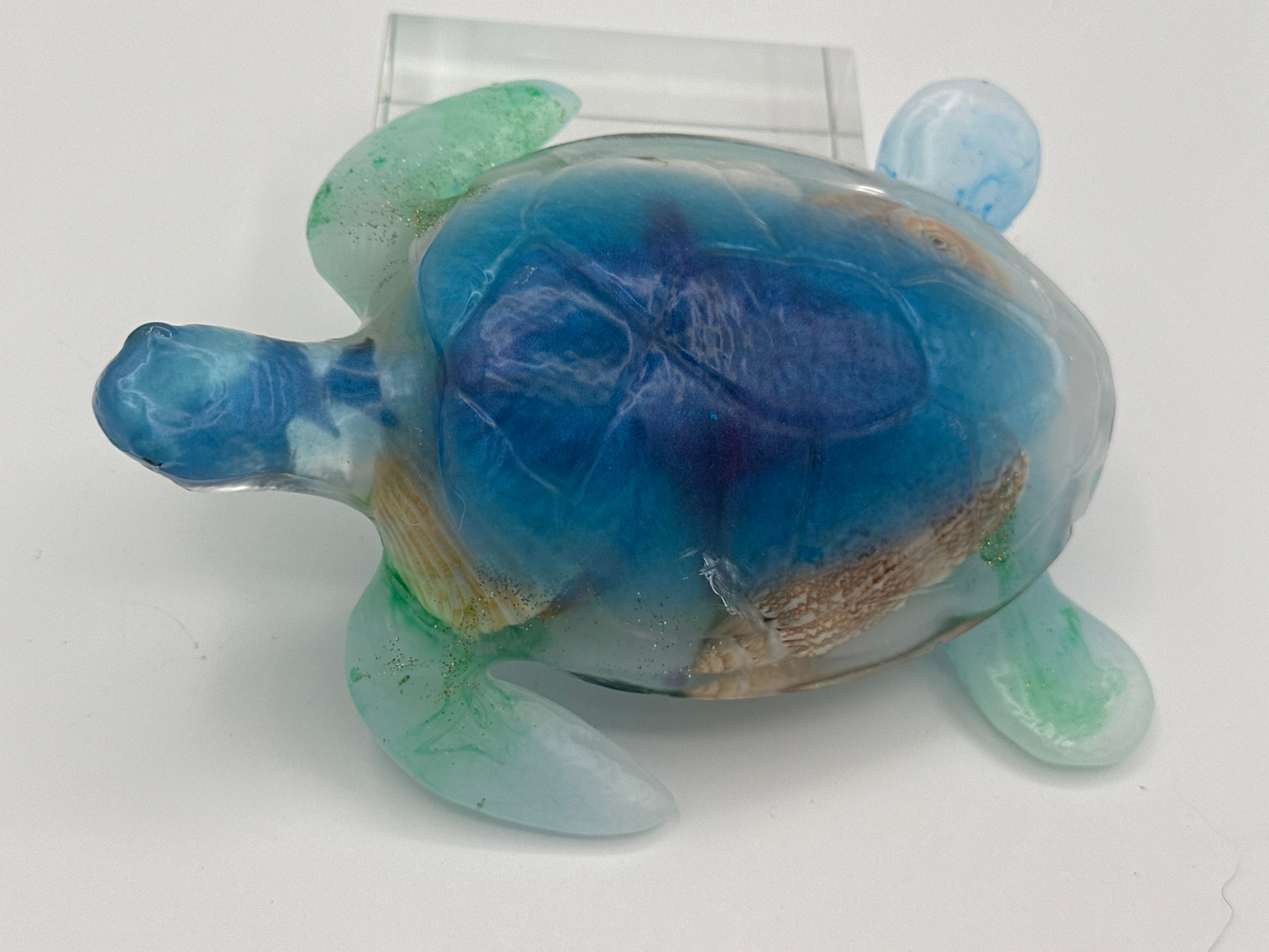 Sea turtle medium 6inches long/color aqua/blue /Sea shells/ weight 10.1 ounces /item 323