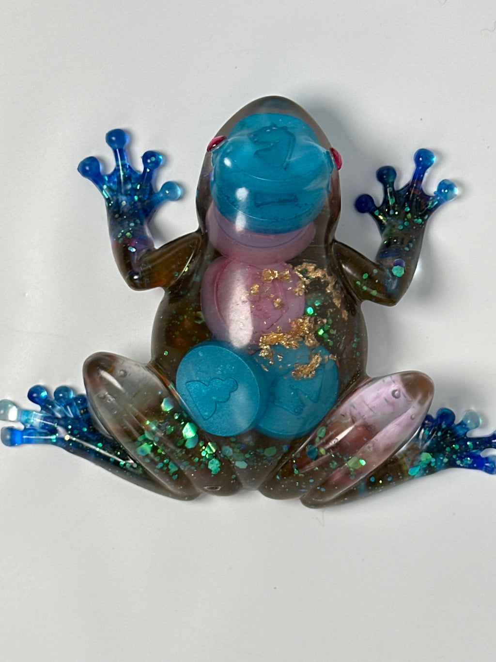 Frog Fancy / blue/ pink and blue checkers. Pink faux crystal eyes. Item 300