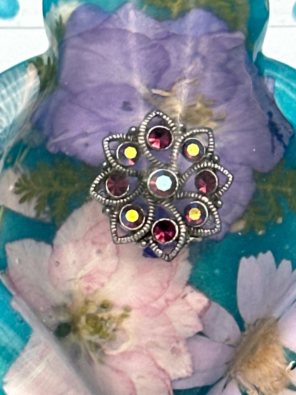 Frog Fancy / blue teal/floral/red jewel brooch/diamond eyes/item 312