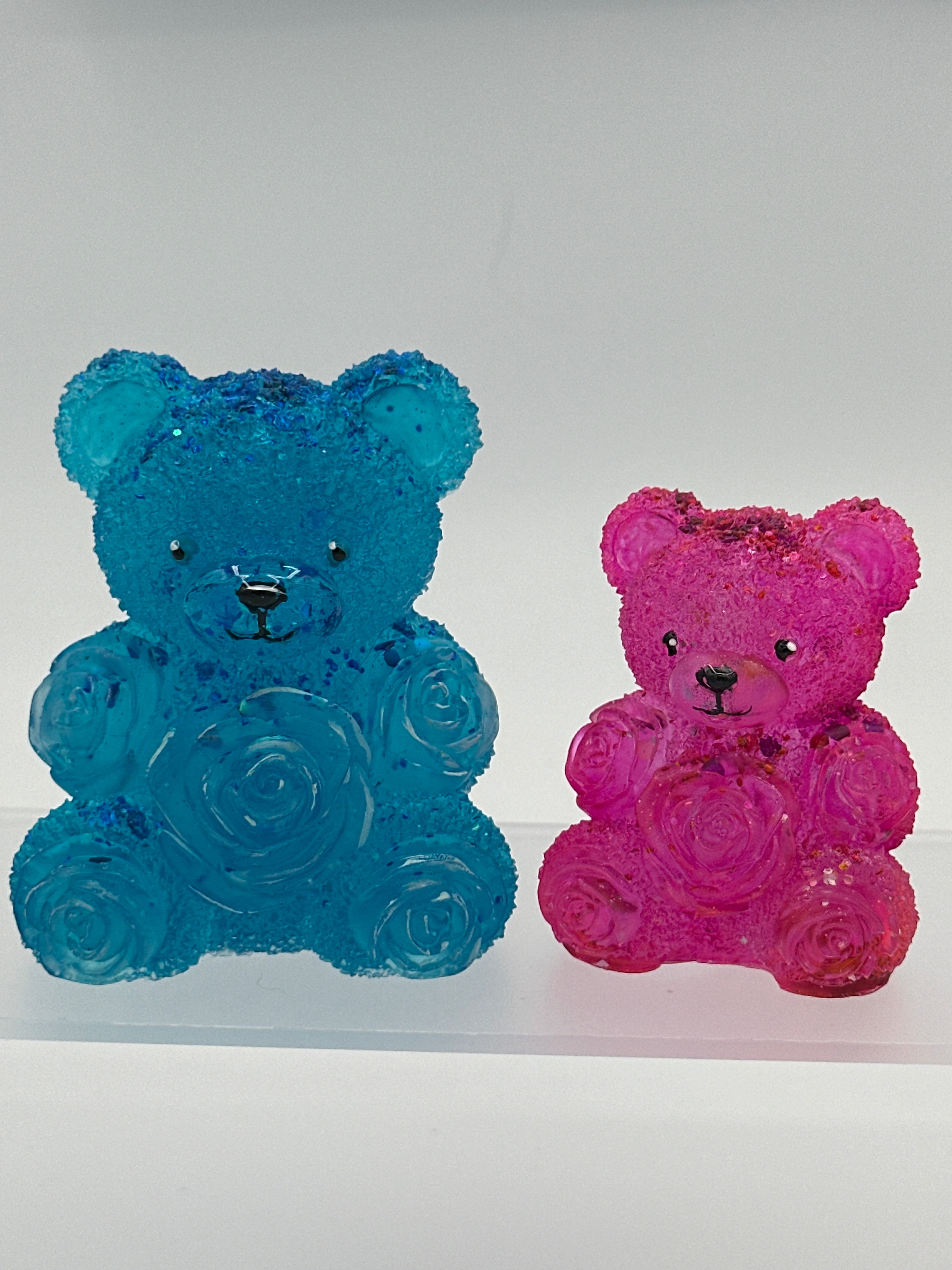 Bears with ribbon roses. Larger blue is 3” smaller pink is 2.25” Item 262 and Item 145