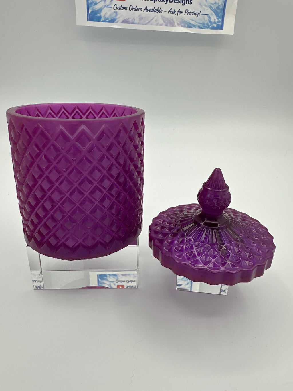 container with lid 6 inches high/purple in color/weight 9.1 ounces/ item number 205
