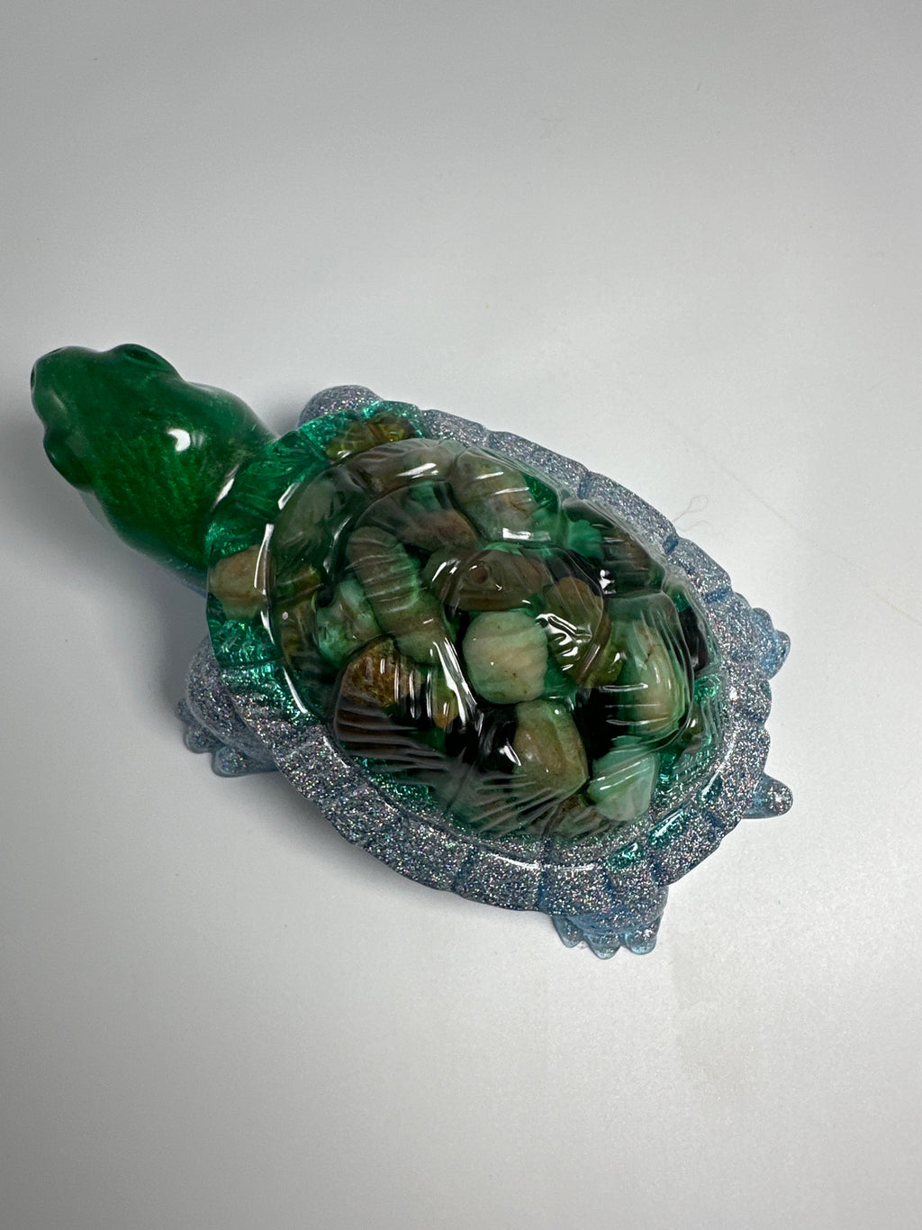 Ground Turtle / 5 inch /green, silver glitter, rock, fish head. Item 307