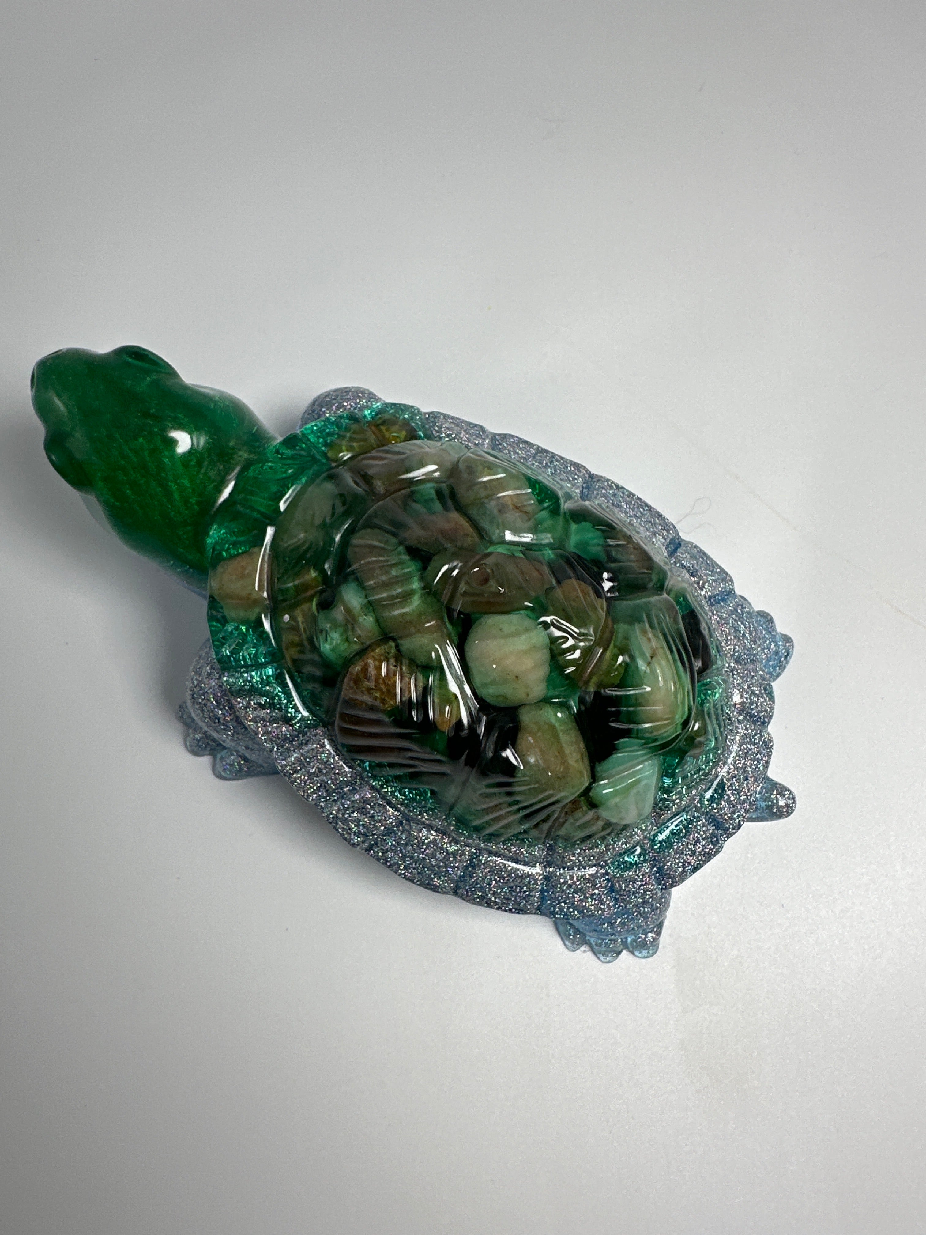Ground Turtle / 5 inch /green, silver glitter, rock, fish head. Item 307