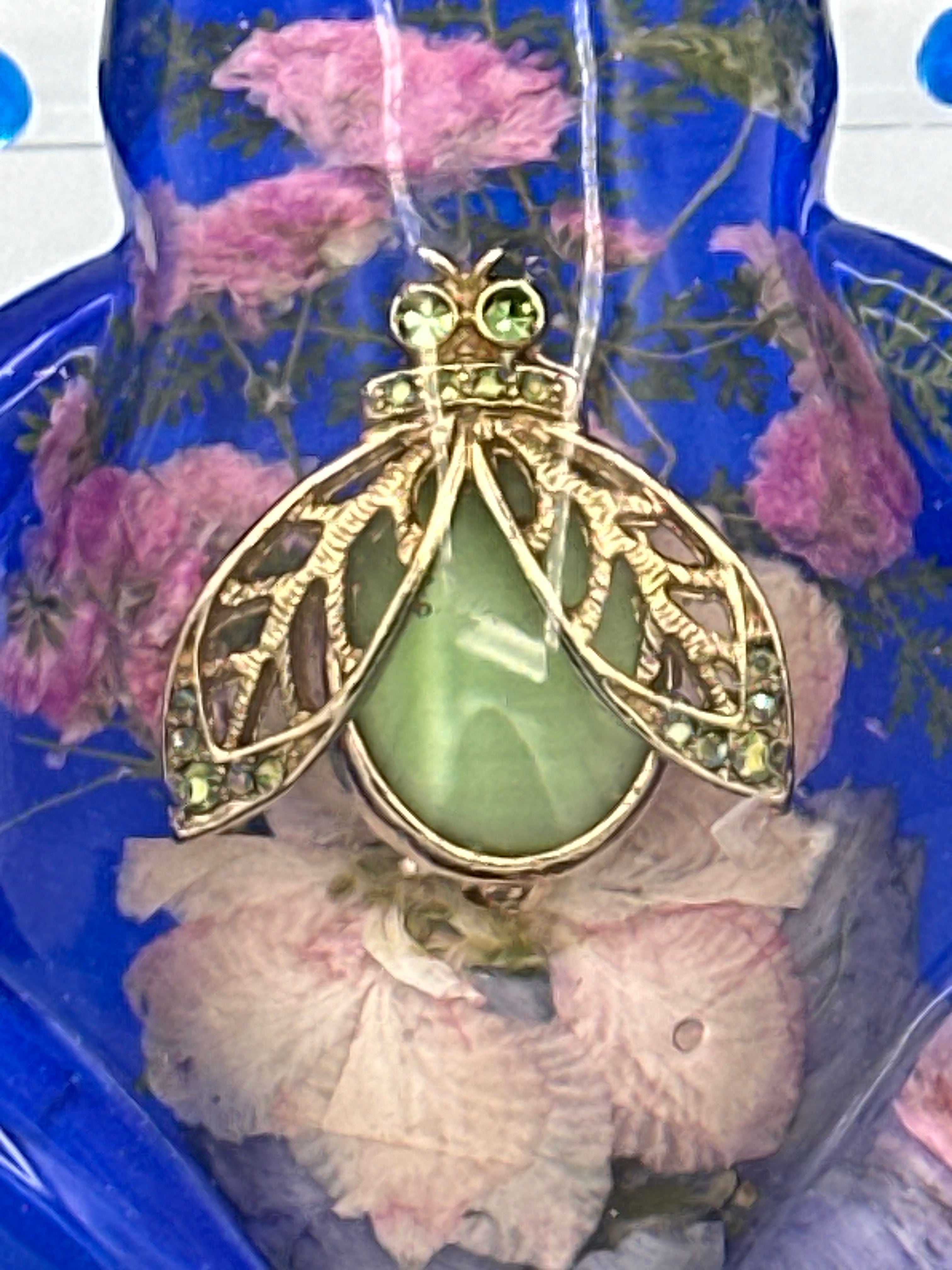 Frog Fancy/royal blue/floral/green brooch/diamond eyes/item 315