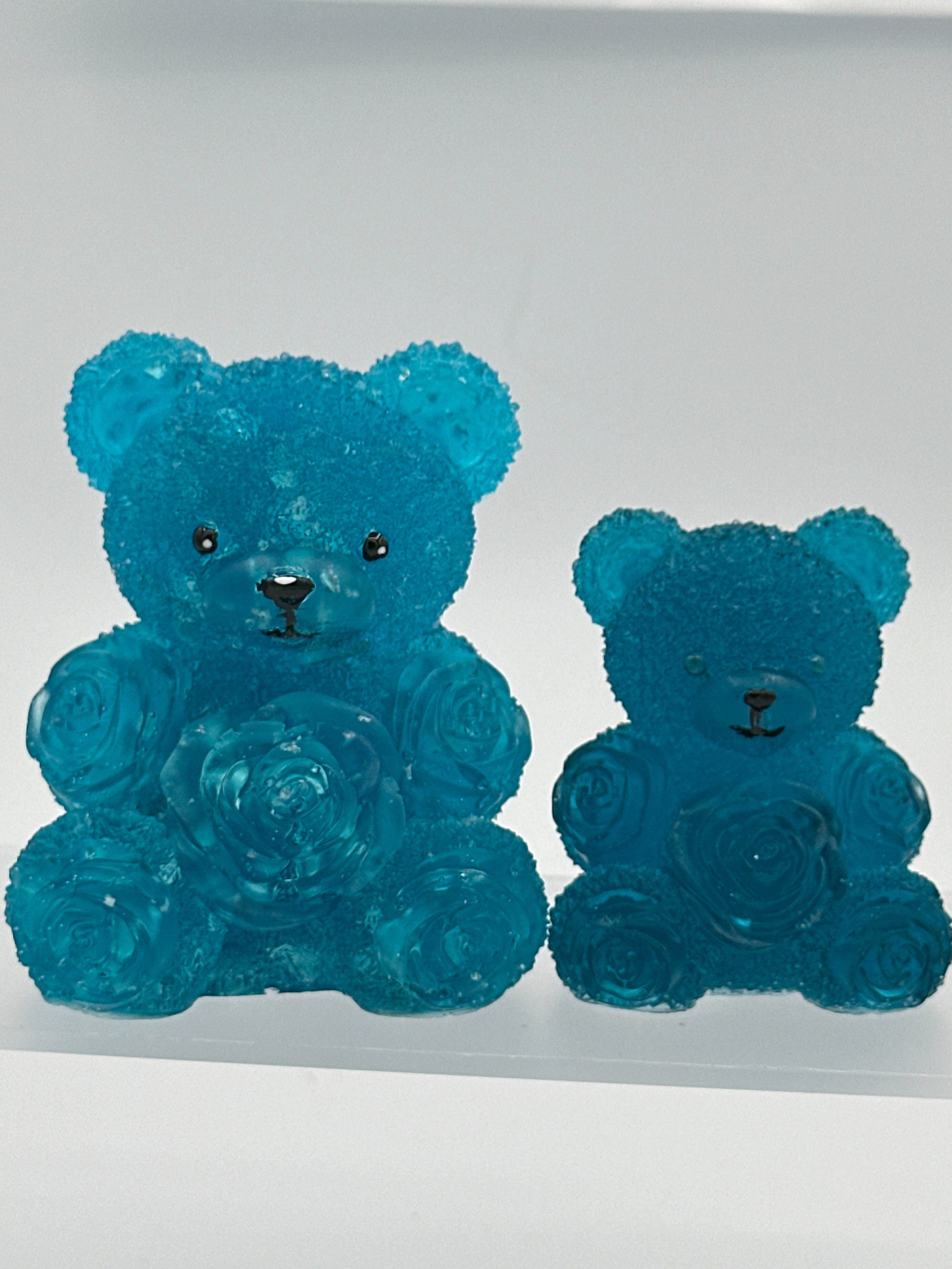 Bears with ribbon roses. Larger blue is 3” smaller blue is 2.25” Item 143 and Item 152