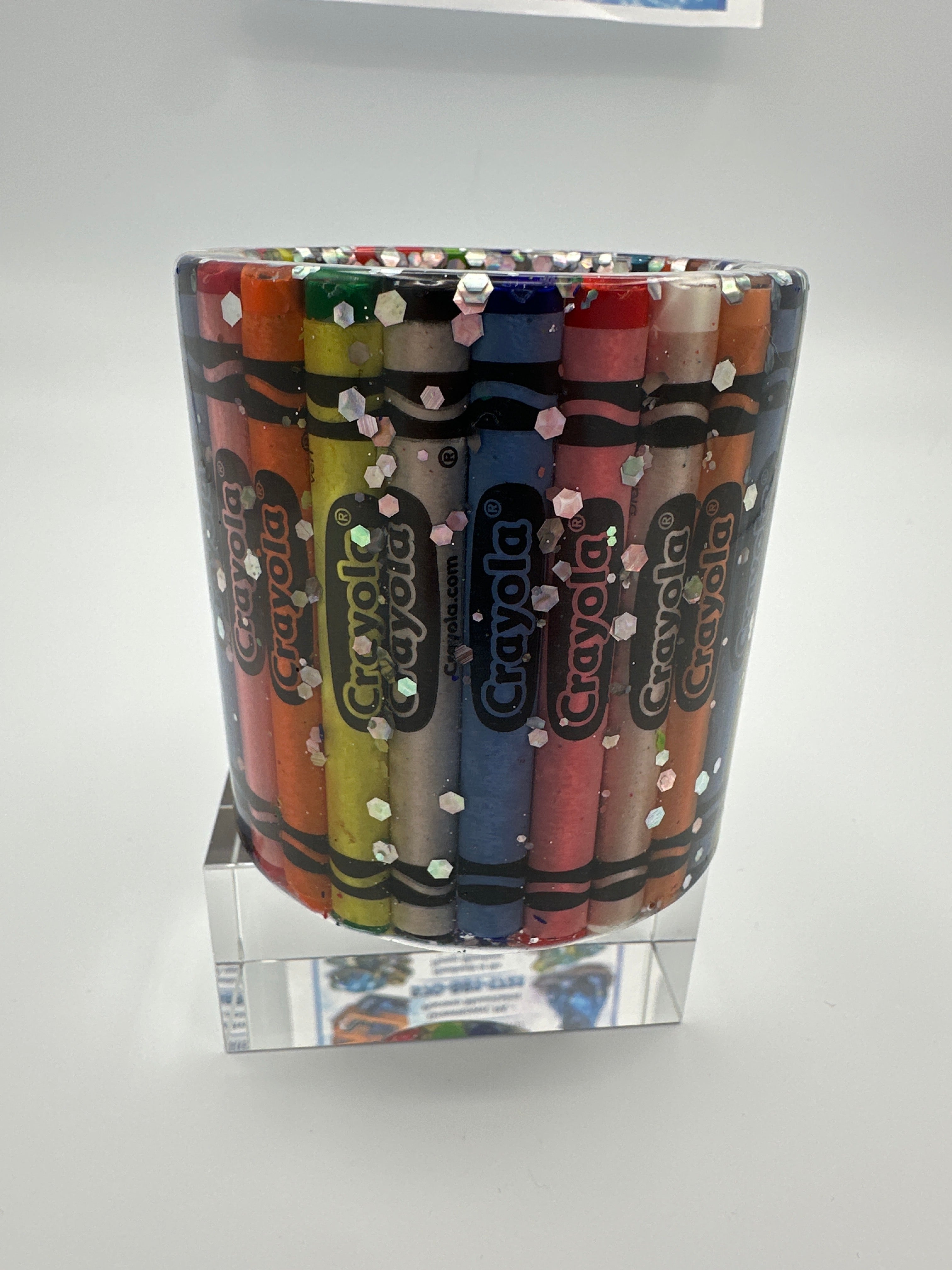 Crayon holder /multicolor crayons embedded/silver chunky glitter/weight 7.2 ounces/item 78 ￼