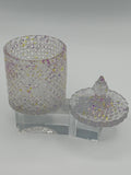 Container with lid is 6 inches in height/color  is clear with purple and flecks. / item number 70