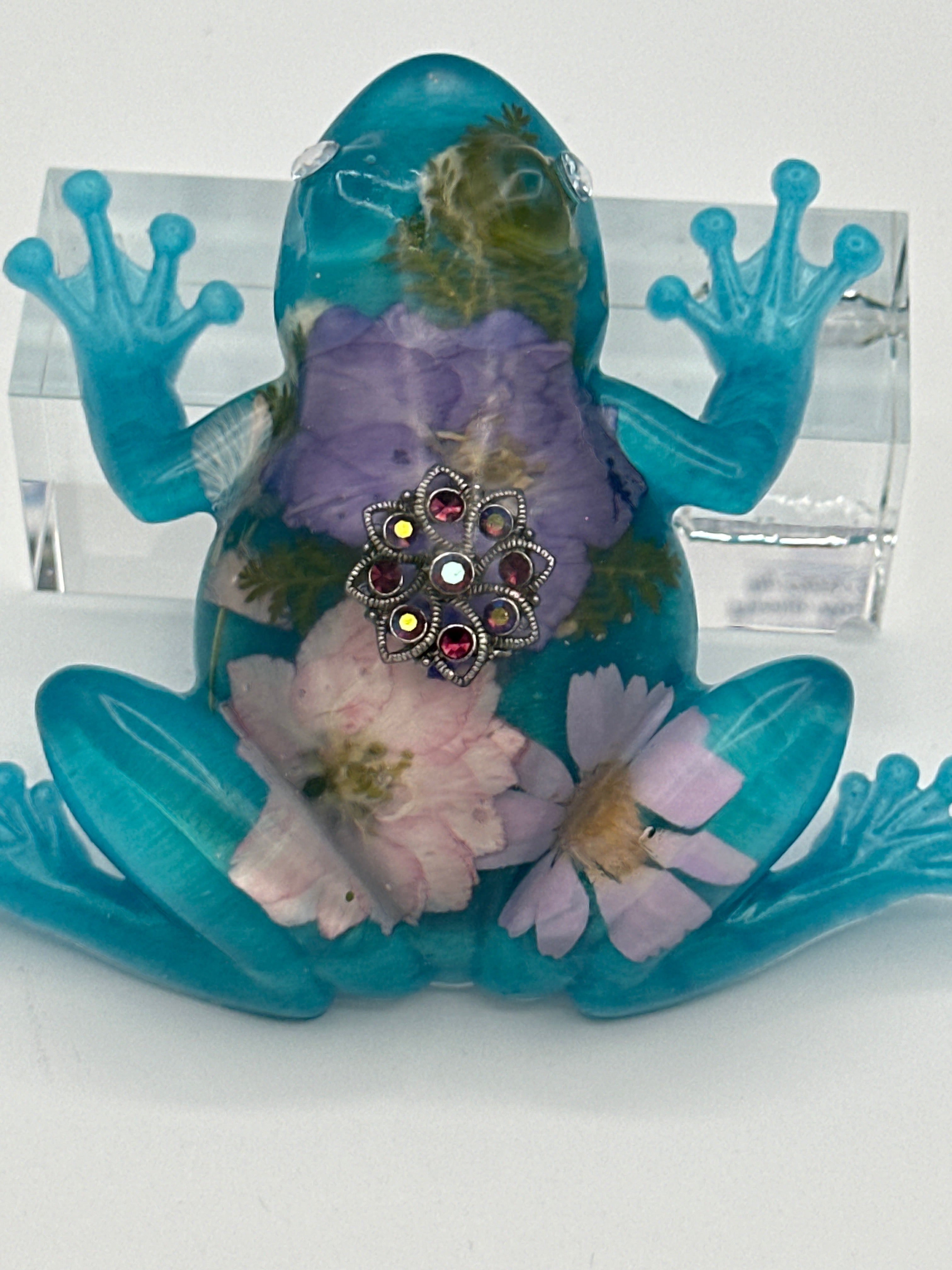 Frog Fancy / blue teal/floral/red jewel brooch/diamond eyes/item 312