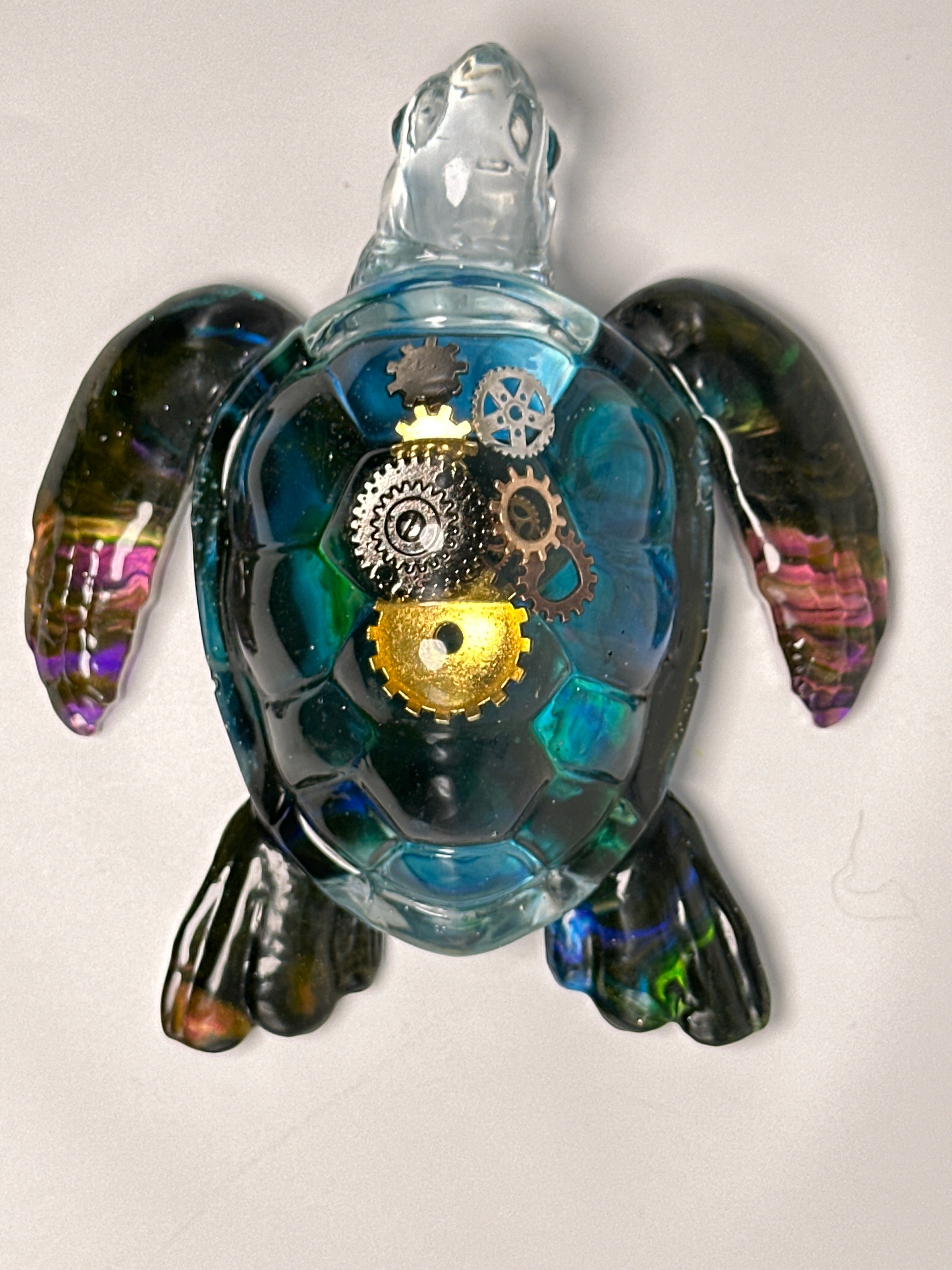 Sea Turtle 5 inch blue /pink / gold /gears. Item 187