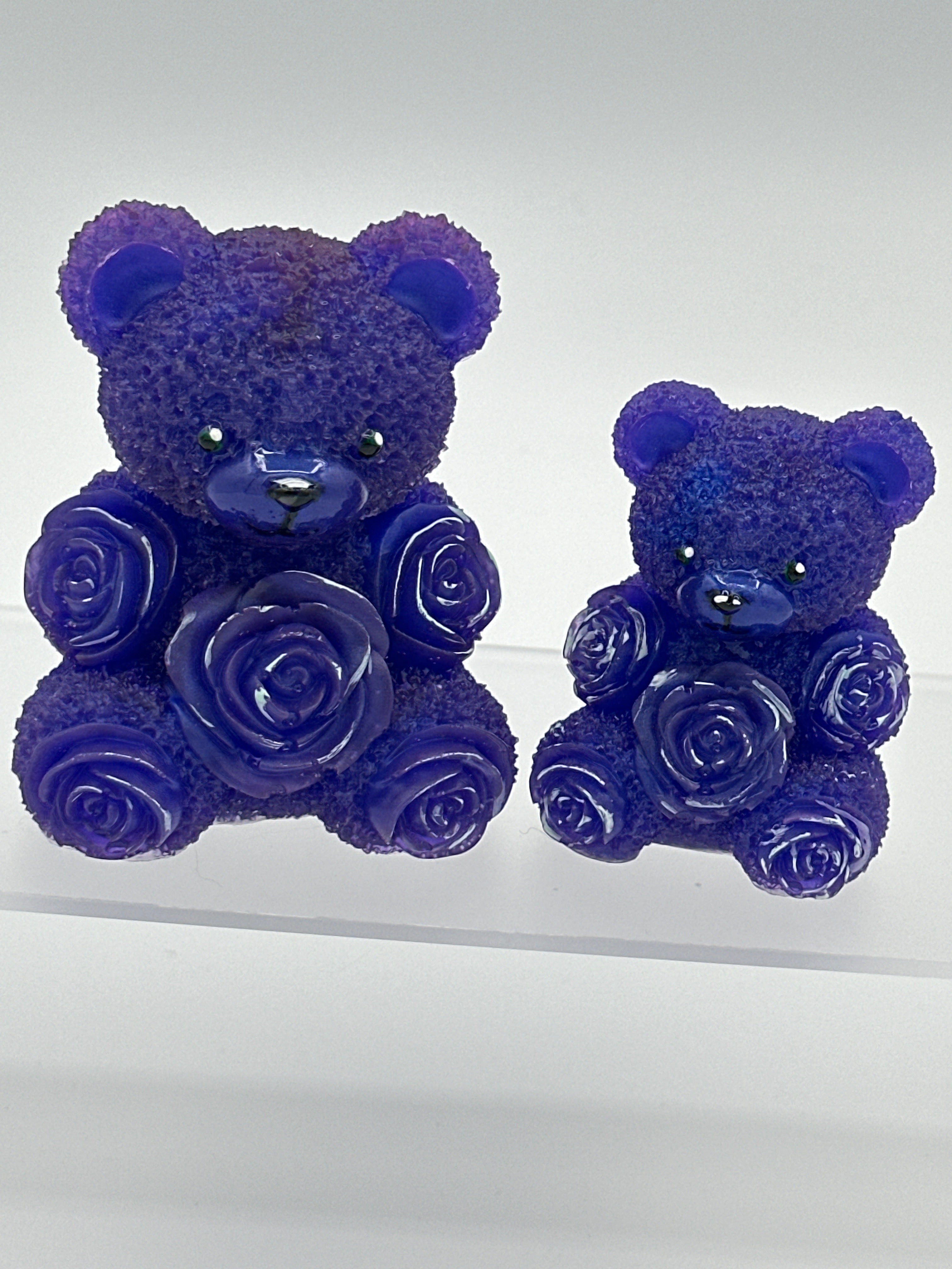 Bears with ribbon roses. Larger purple is 3” smaller purple is 2.25” Item 284 and Item 148