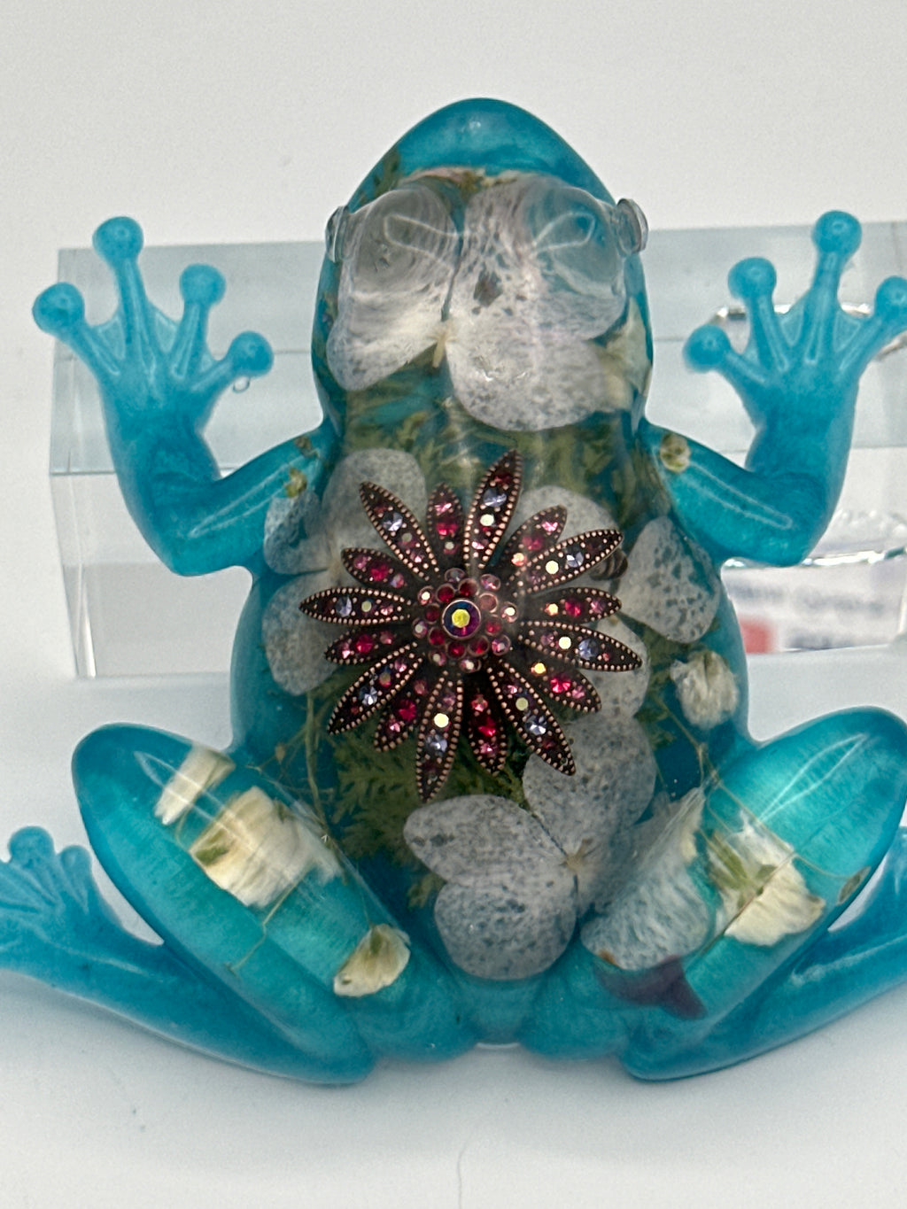 Frog Fancy/teal blue/floral/red brooch/diamond eyes/item 350