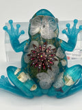 Frog Fancy/teal blue/floral/red brooch/diamond eyes/item 350