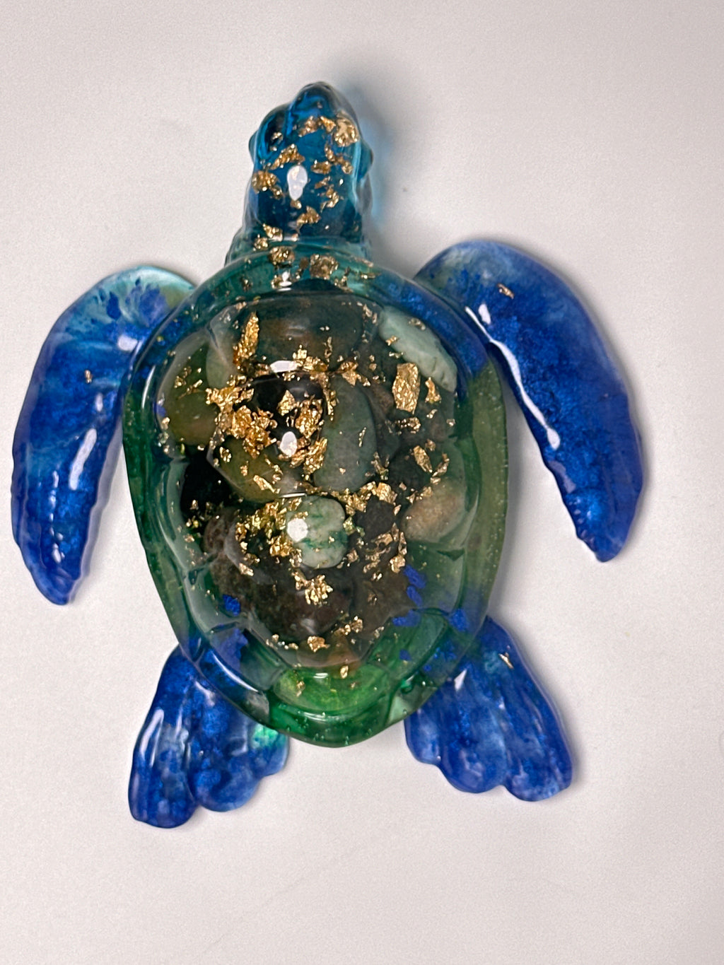 Sea Turtle 5 inch Blue /gold fleck/ white Created from epoxy. Turtle has painted eyes Item 14