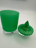 Container with lid 6 inches tall/green/weight is 8.5 ounces / item number 204