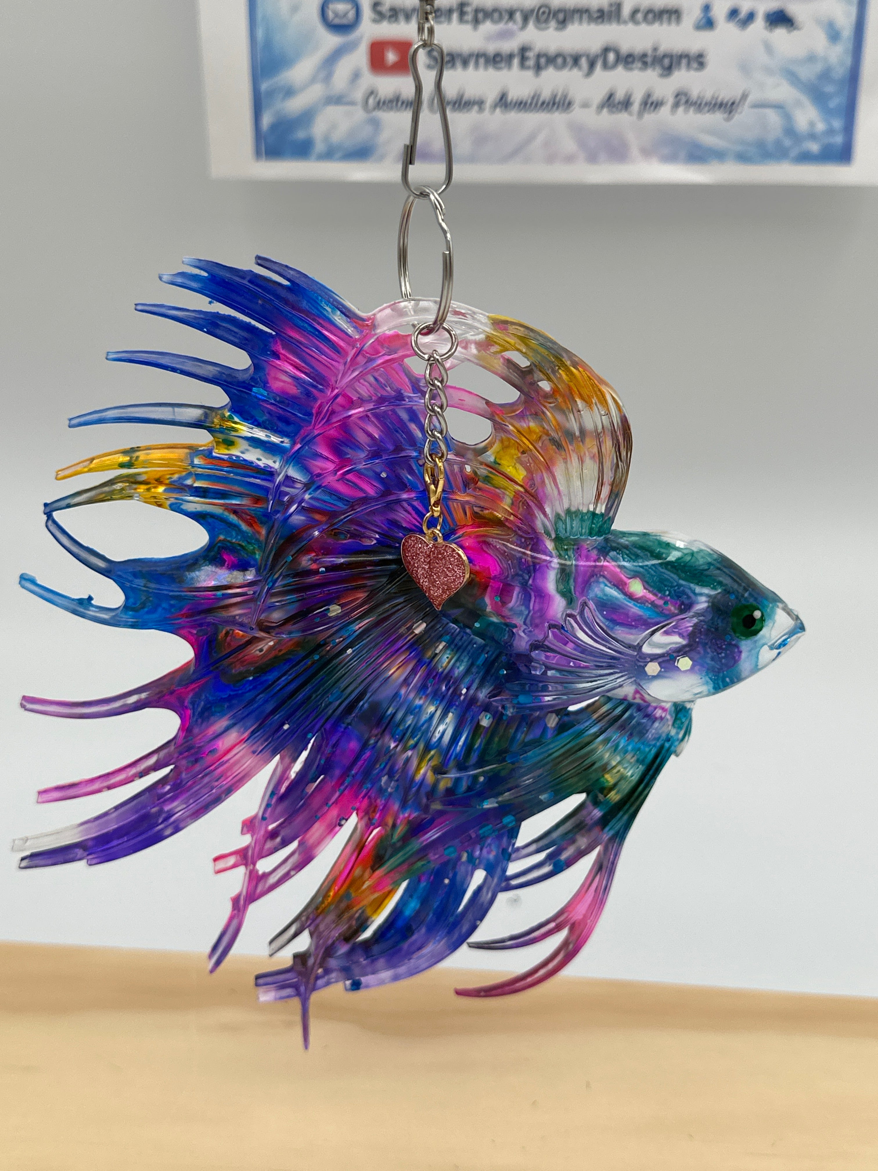 Beta Fish Mobile / 6 inches/ multicolored / heart charm / Item 282